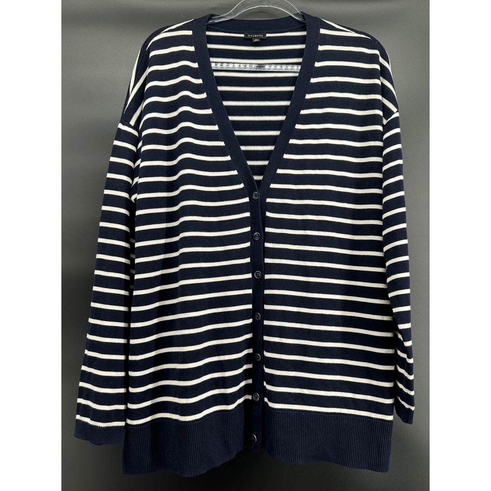 Talbots Striped Split Hem Cardigan Sweater
Large Navy Knit XL‎ Navy/Cream